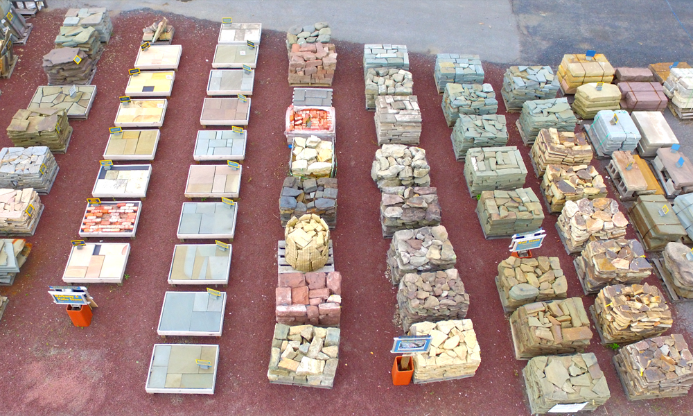 An aerial picture of a stone yard display