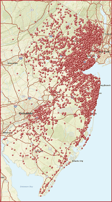 A Map showing the location of NJ contruction contractors