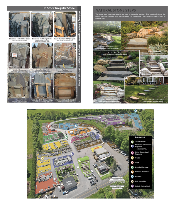 Inside pages of a natural stone products catalog showing pages and a yard map page